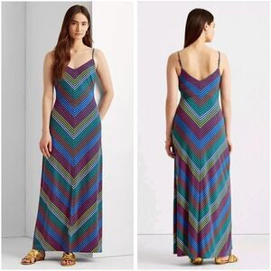 Lauren Ralph Lauren Chevron Jersey Maxi Dress Sleeveless Womens Size 12
